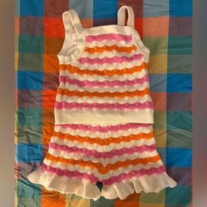 White Knit Tank & Shorts Set with Pink and Orange Chevron Stripes - Rare Edition